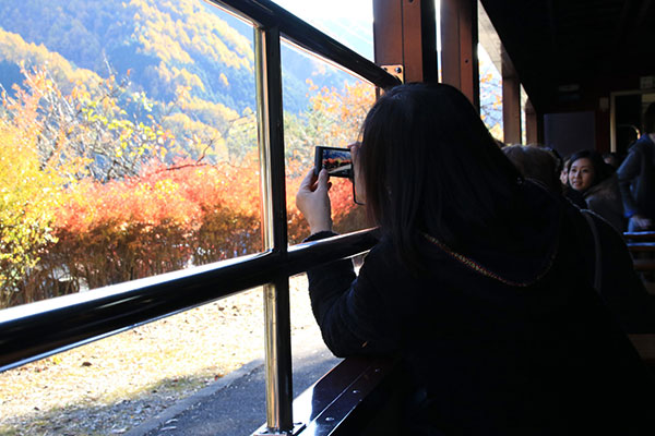 車窓から見える紅葉と間近に見える渓谷の清流がとても見事でした。