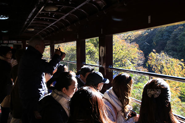 車窓から見える紅葉と間近に見える渓谷の清流がとても見事でした。